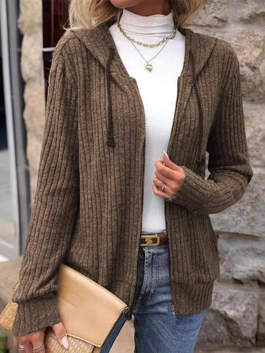 Women's Ribbed Knit Hooded Cardigan – Oversized Full-Zip