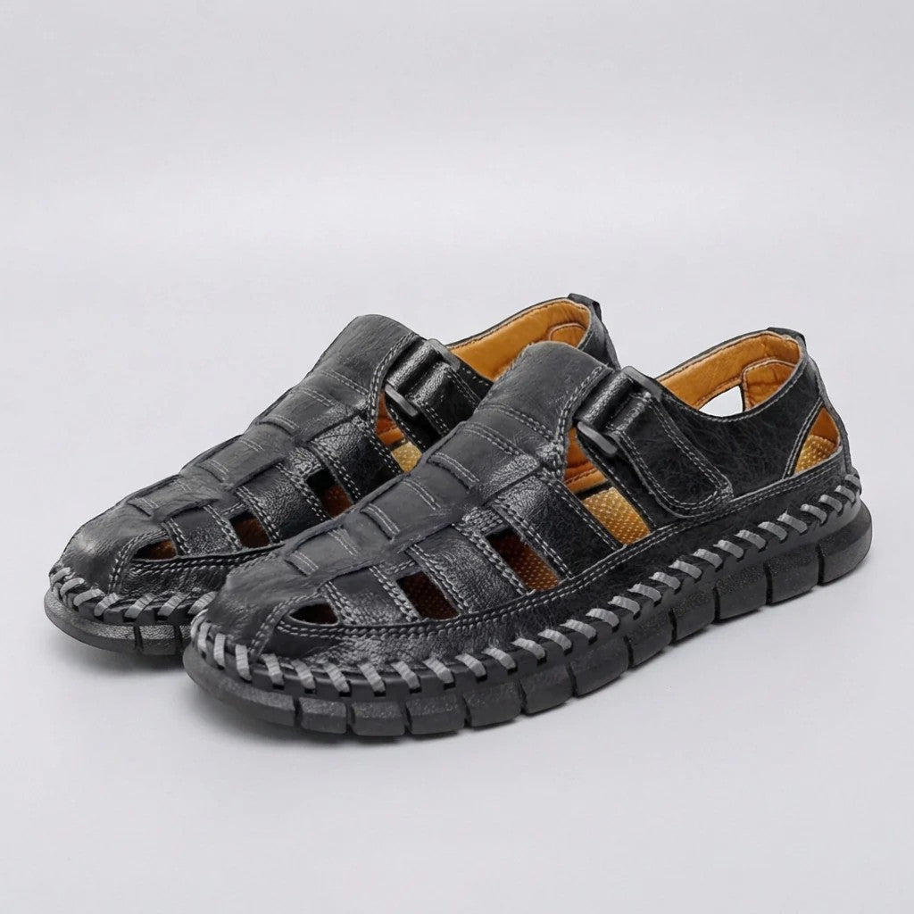 Men's Leather Closed-Toe Sandal – Cutout Hook-and-Loop Strap