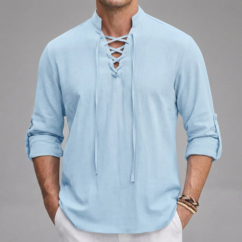Men's Linen Lace-Up Shirt – Stand Collar Relaxed Fit