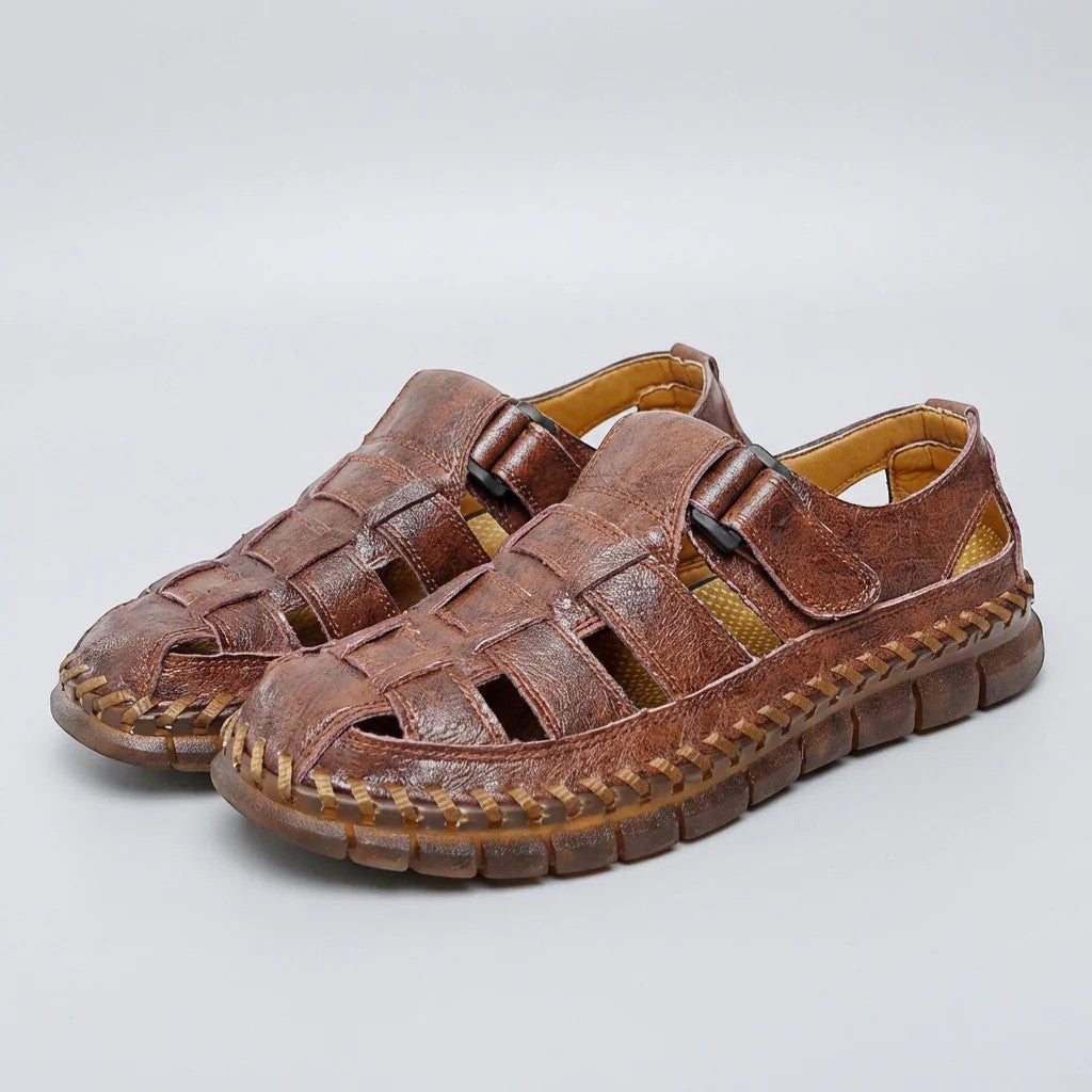 Men's Leather Closed-Toe Sandal – Cutout Hook-and-Loop Strap