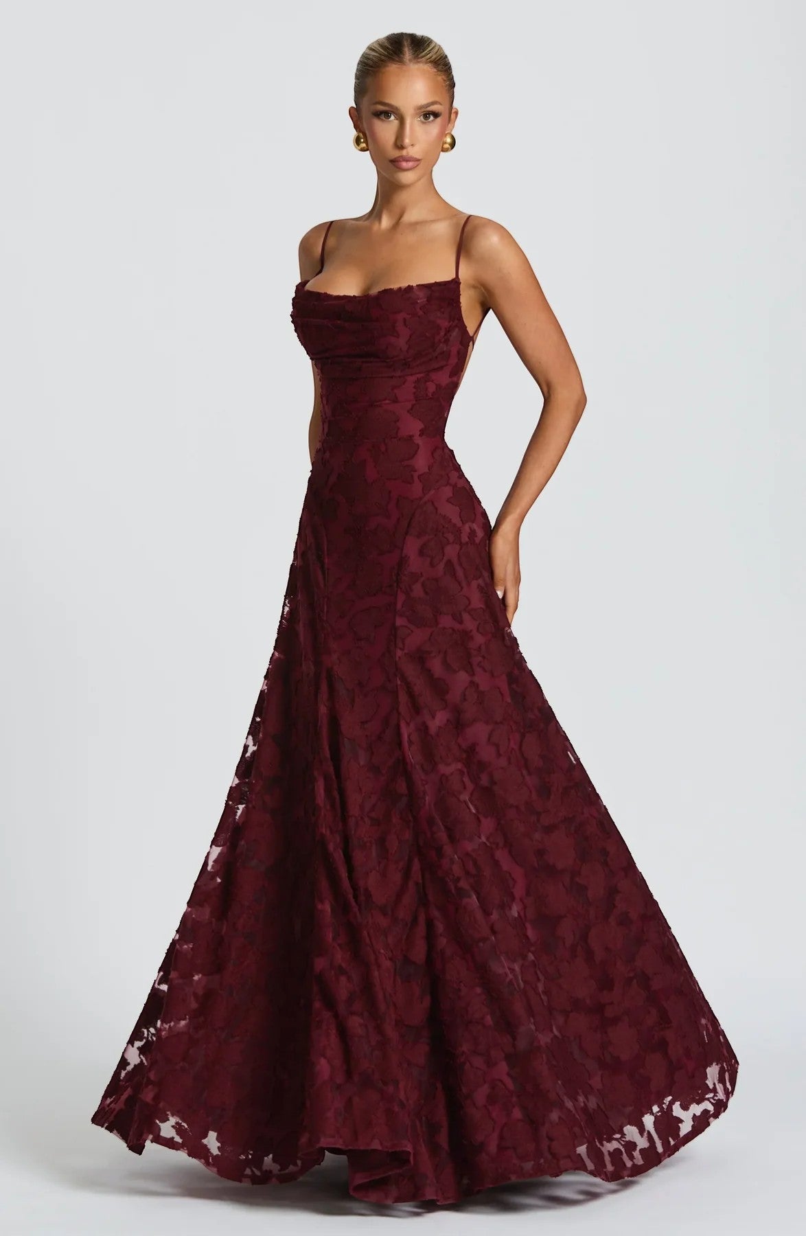 Women's Lace-Up Back Maxi Dress – Fitted Textured Lace