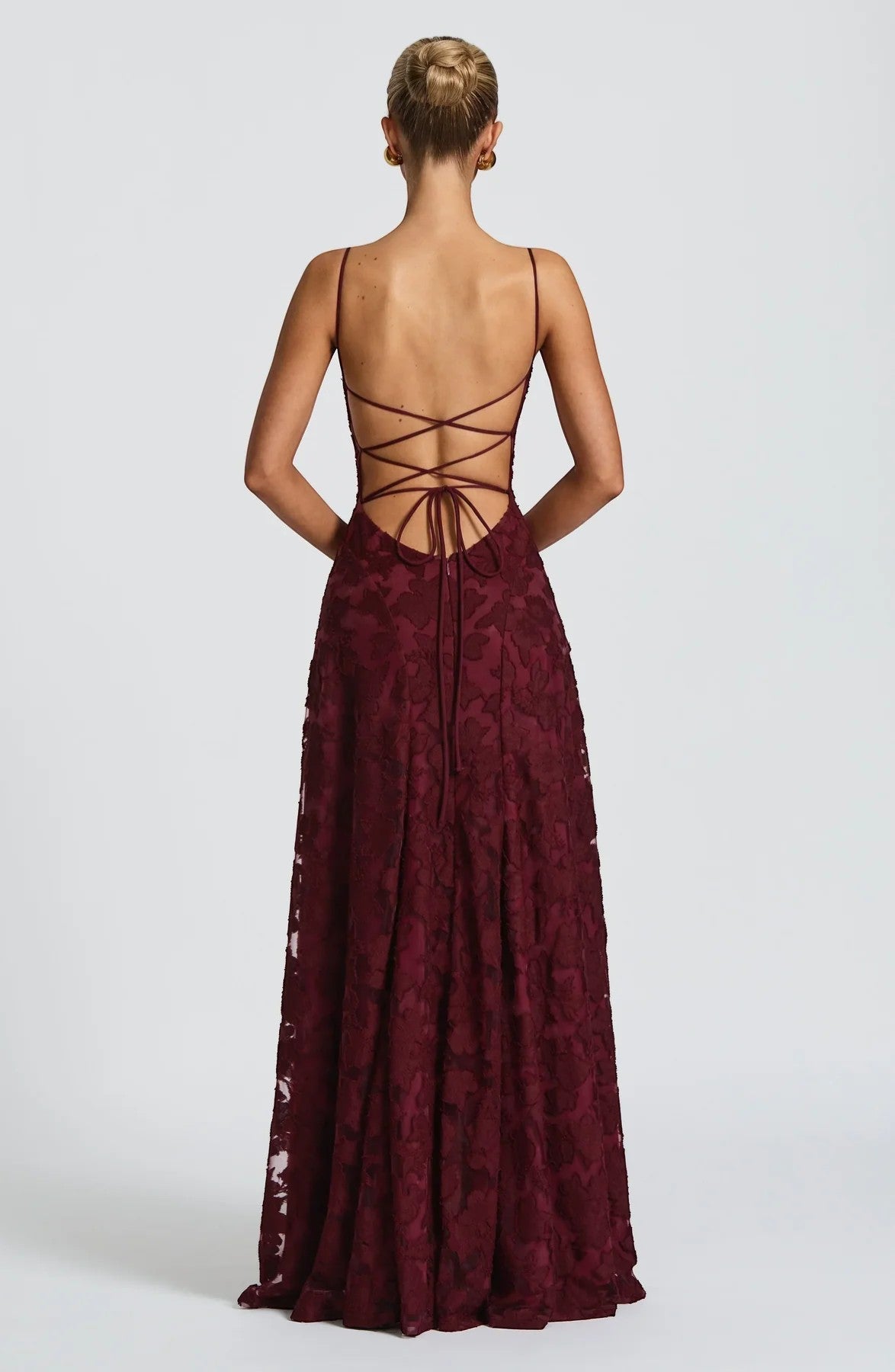 Women's Lace-Up Back Maxi Dress – Fitted Textured Lace