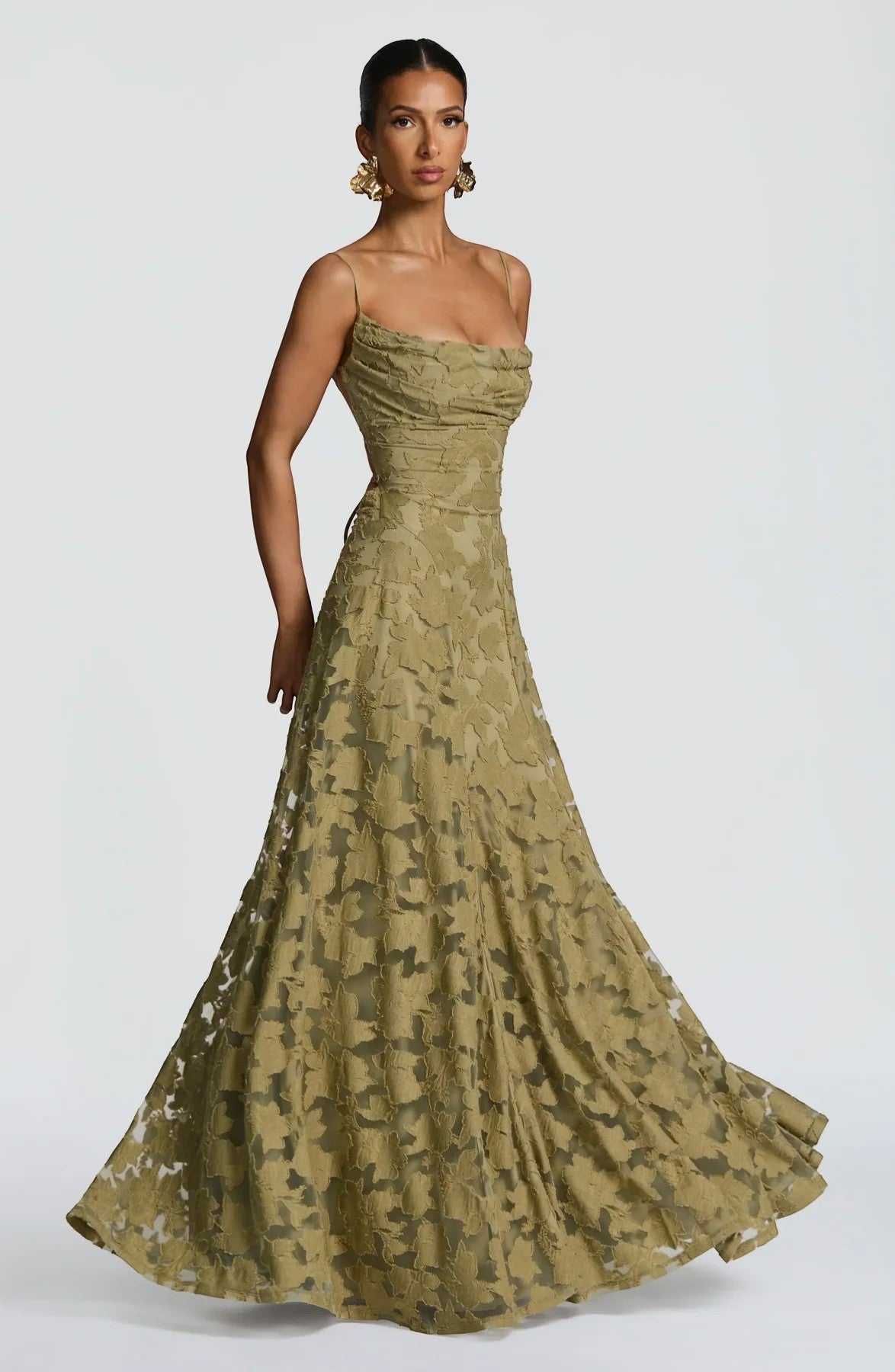 Women's Lace-Up Back Maxi Dress – Fitted Textured Lace