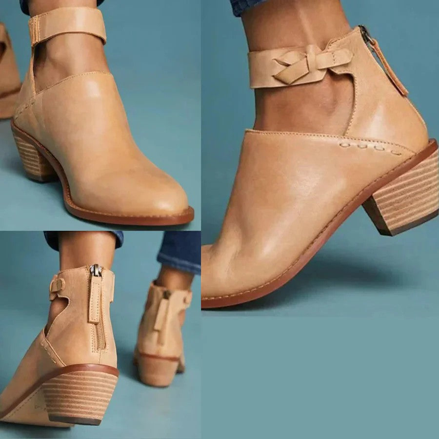 Women's Leather Ankle Boots – Block Heel Back Zip