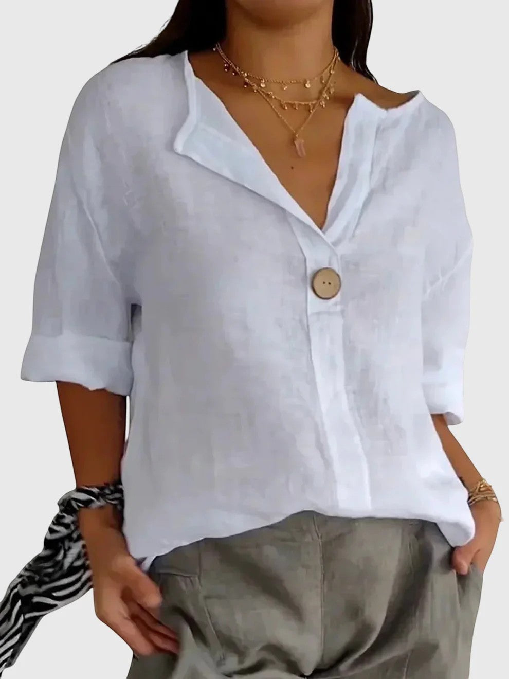 Women's Linen-Blend Button-Front Blouse – Relaxed V-Neck