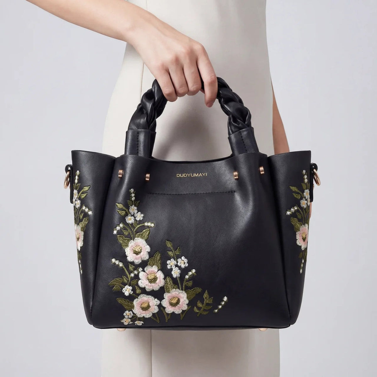 Women's Leather Tote Bag – Floral Embroidered Structured