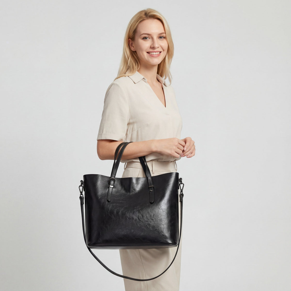 Women's Smooth Leather Tote Bag – Shoulder or Crossbody