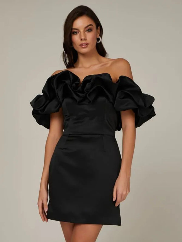 Women's Off-Shoulder Satin Mini Dress – Fitted Ruffle Trim