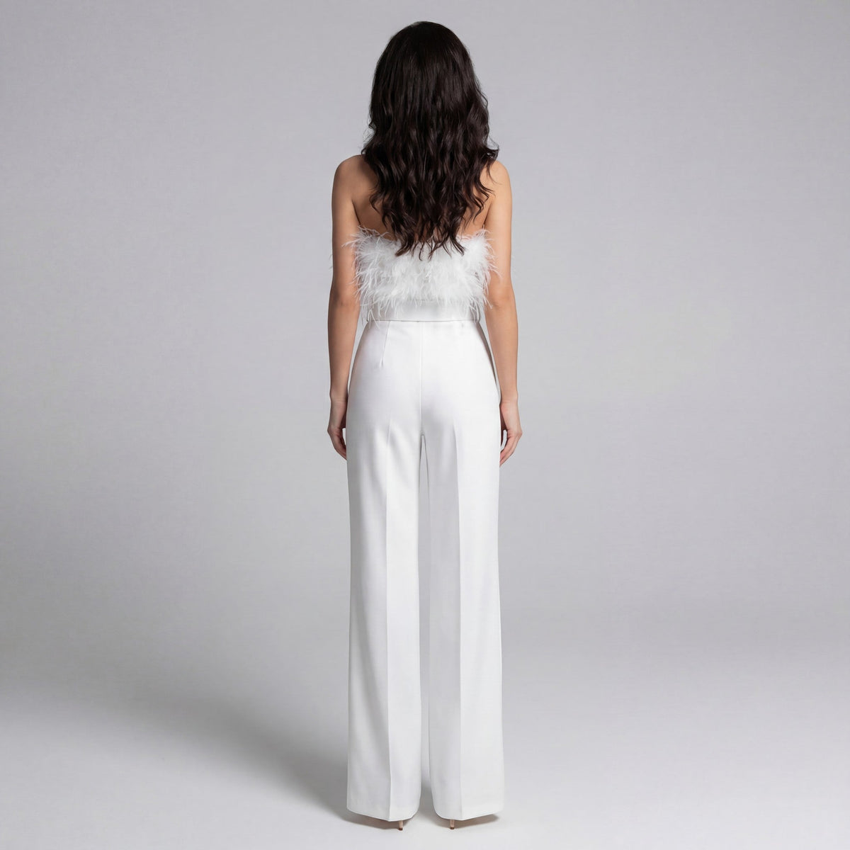 Women's Strapless Jumpsuit – Feather Trim Fitted Bodice