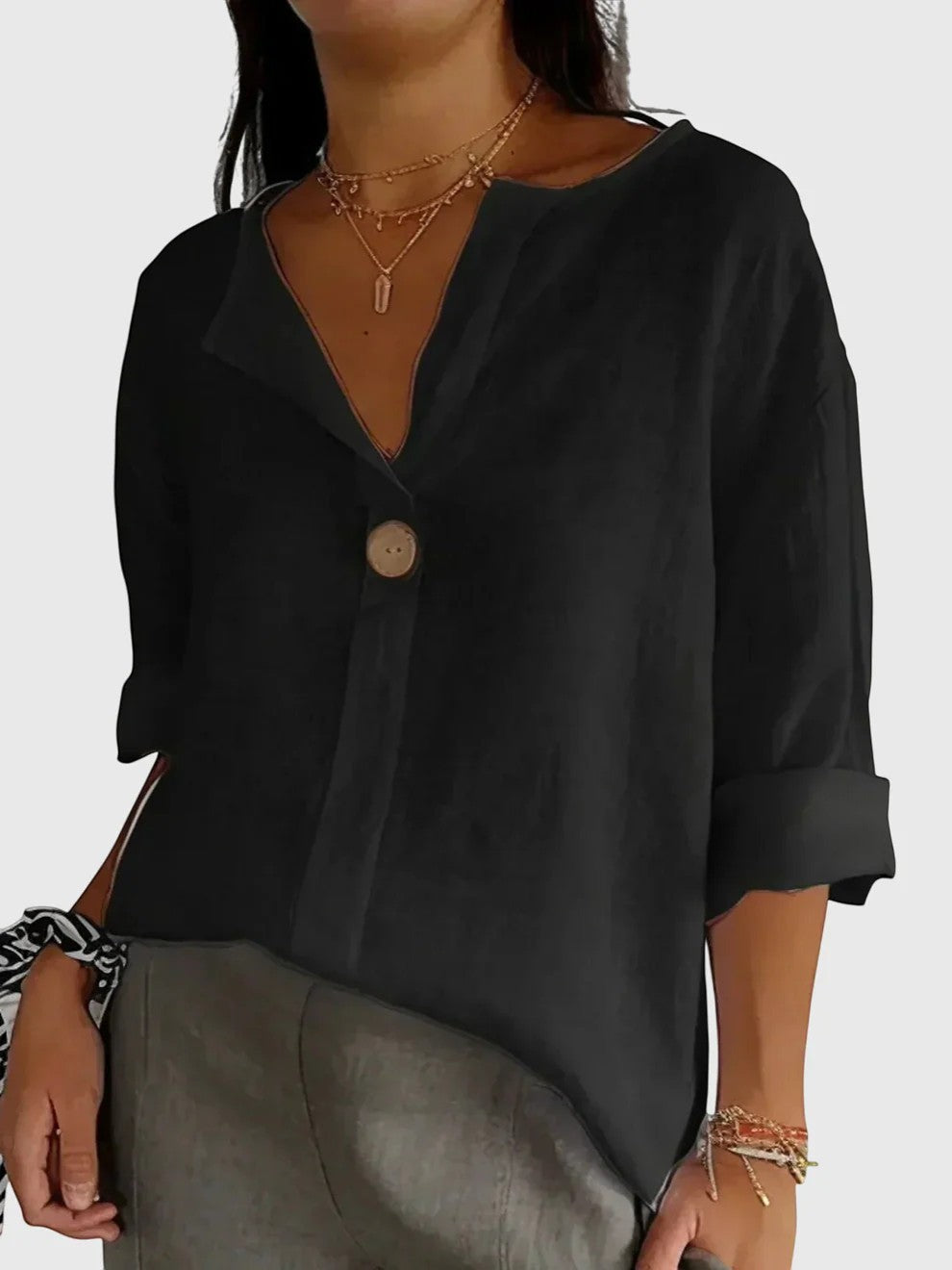 Women's Linen-Blend Button-Front Blouse – Relaxed V-Neck
