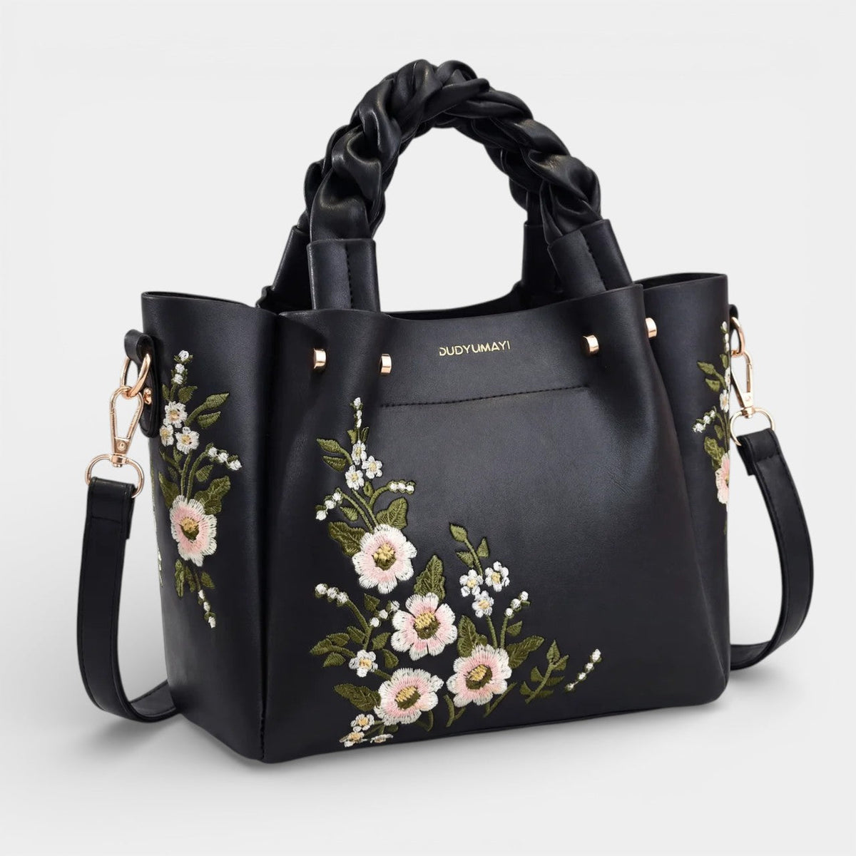 Women's Leather Tote Bag – Floral Embroidered Structured