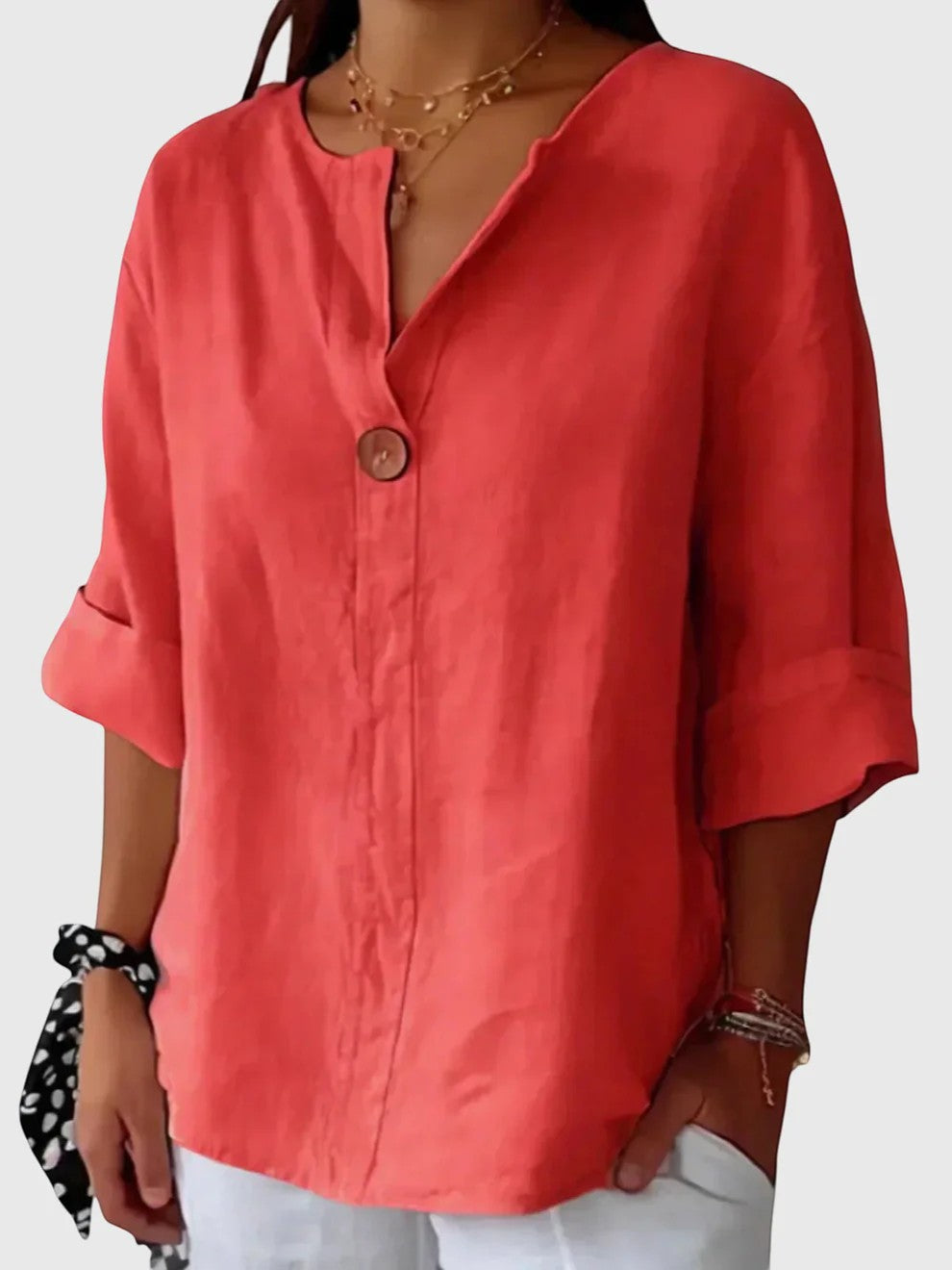 Women's Linen-Blend Button-Front Blouse – Relaxed V-Neck