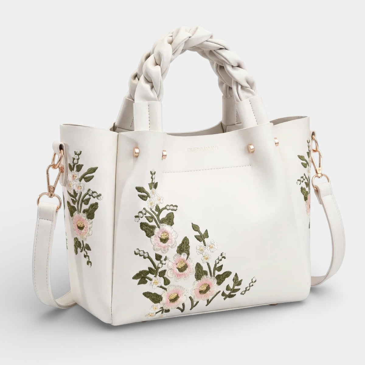 Women's Leather Tote Bag – Floral Embroidered Structured