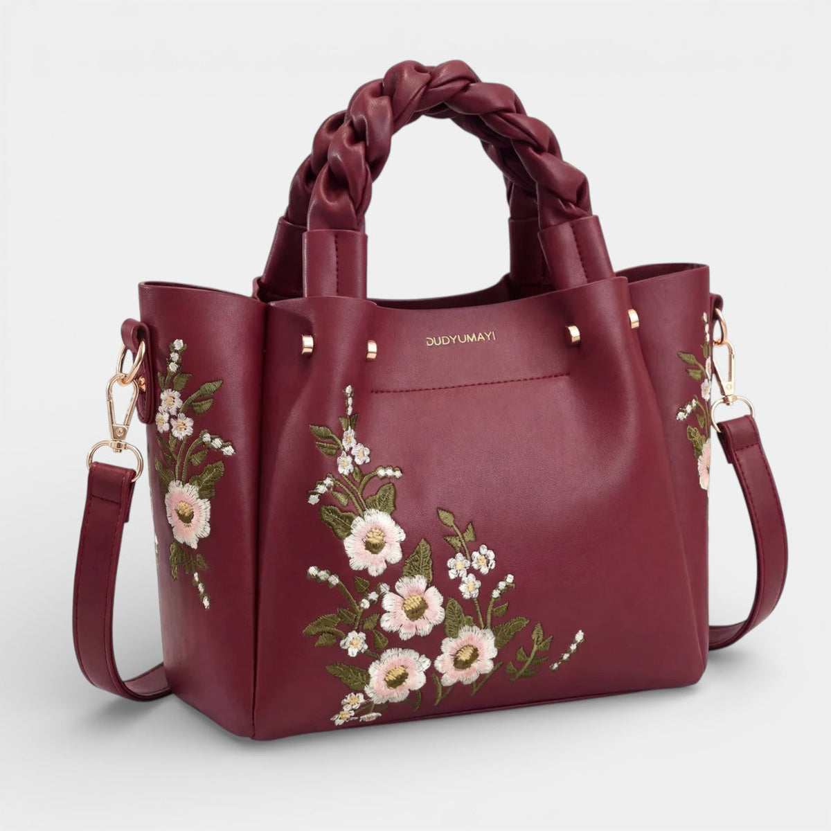 Women's Leather Tote Bag – Floral Embroidered Structured