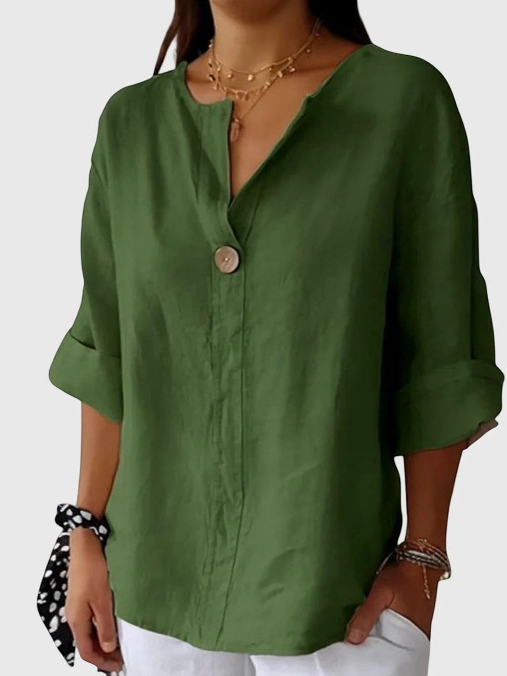 Women's Linen-Blend Button-Front Blouse – Relaxed V-Neck