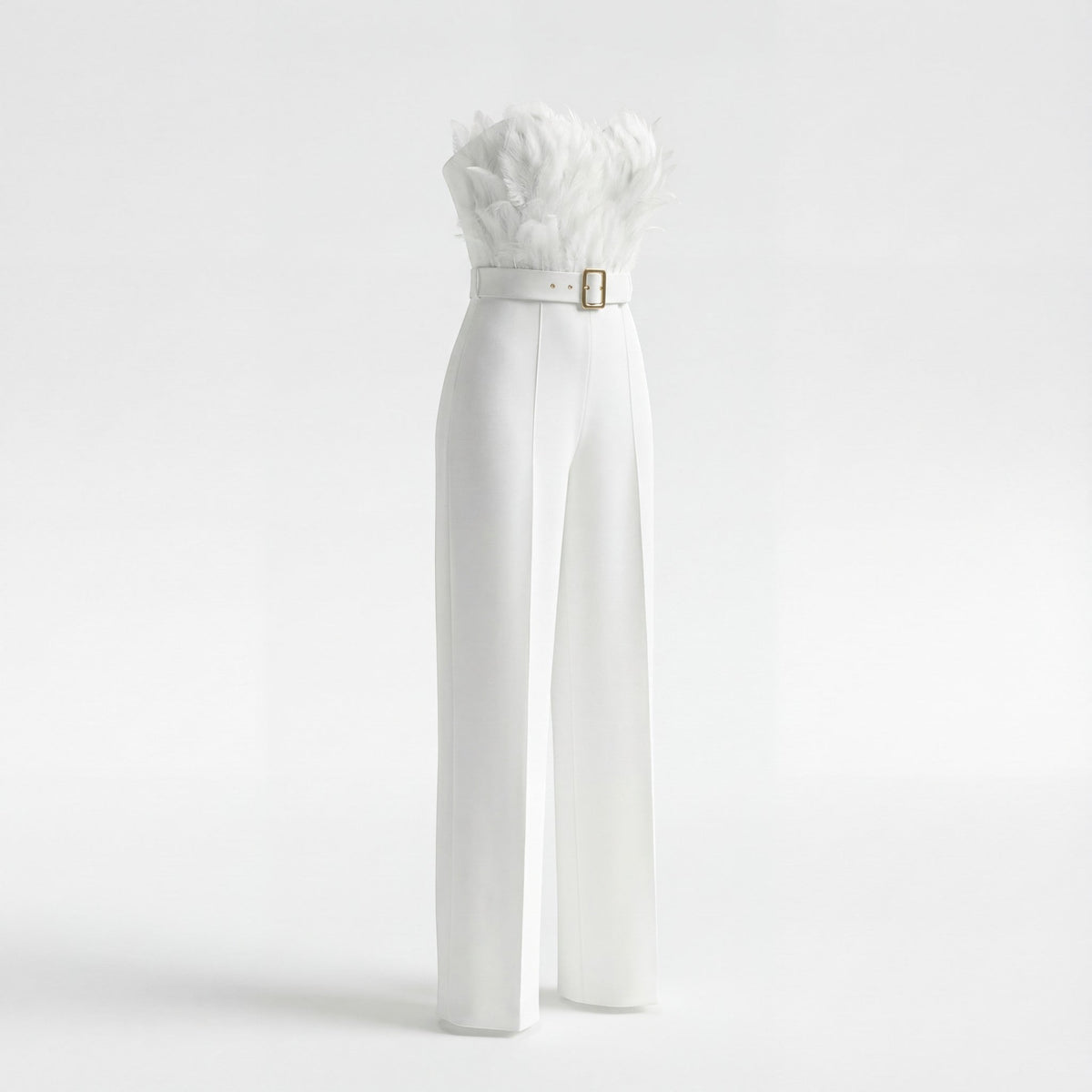 Women's Strapless Jumpsuit – Feather Trim Fitted Bodice