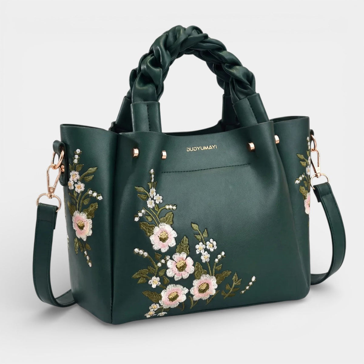 Women's Leather Tote Bag – Floral Embroidered Structured