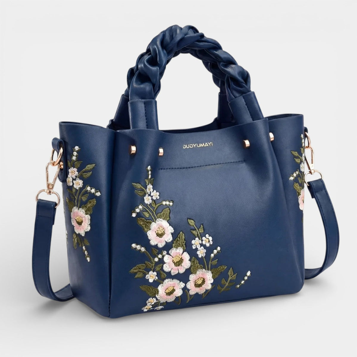 Women's Leather Tote Bag – Floral Embroidered Structured