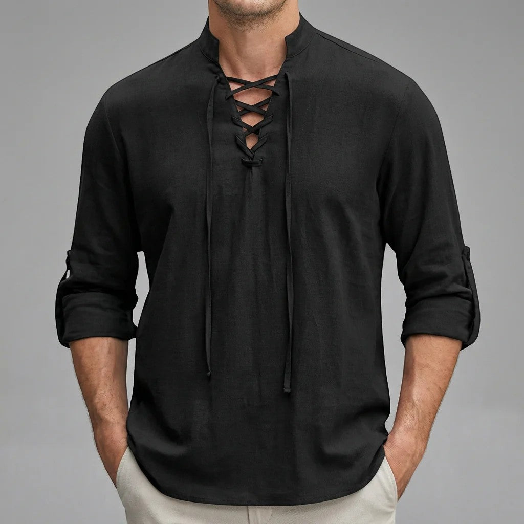 Men's Linen Lace-Up Shirt – Stand Collar Relaxed Fit