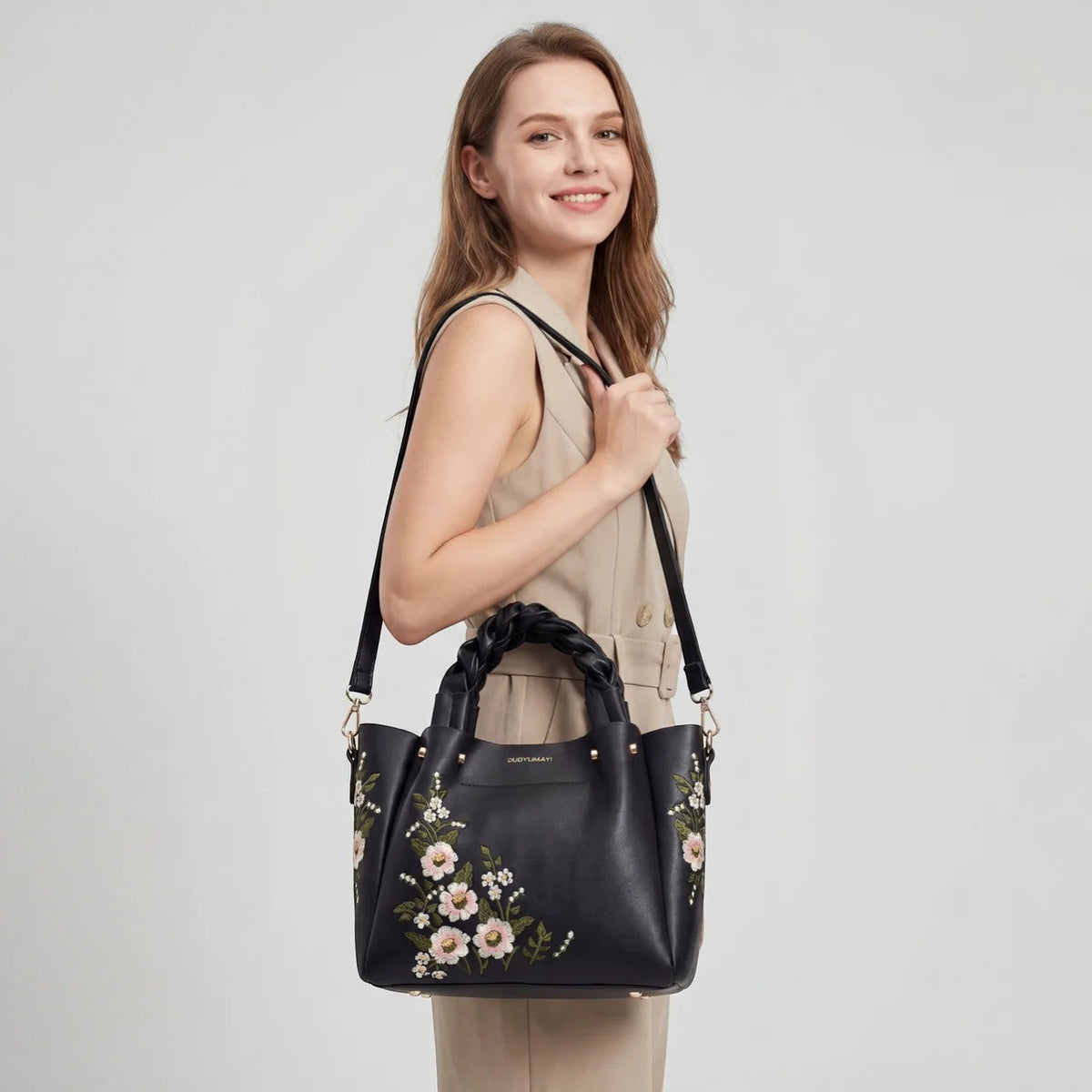 Women's Leather Tote Bag – Floral Embroidered Structured