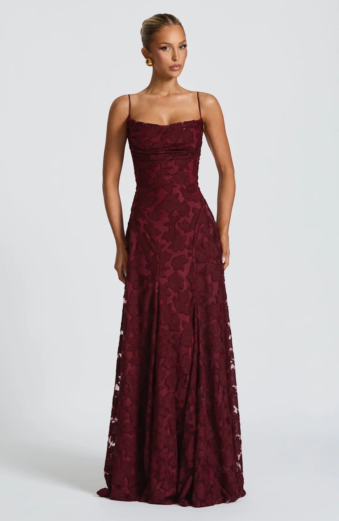 Women's Lace-Up Back Maxi Dress – Fitted Textured Lace