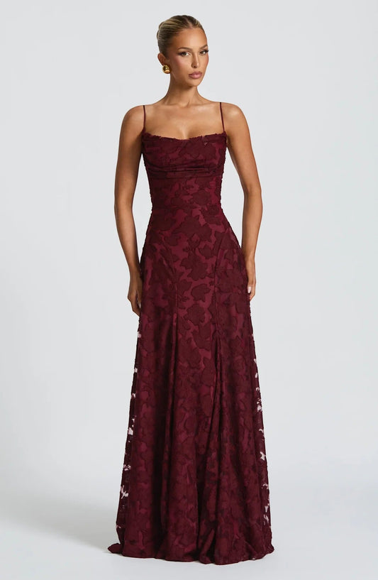 Women's Lace-Up Back Maxi Dress – Fitted Textured Lace