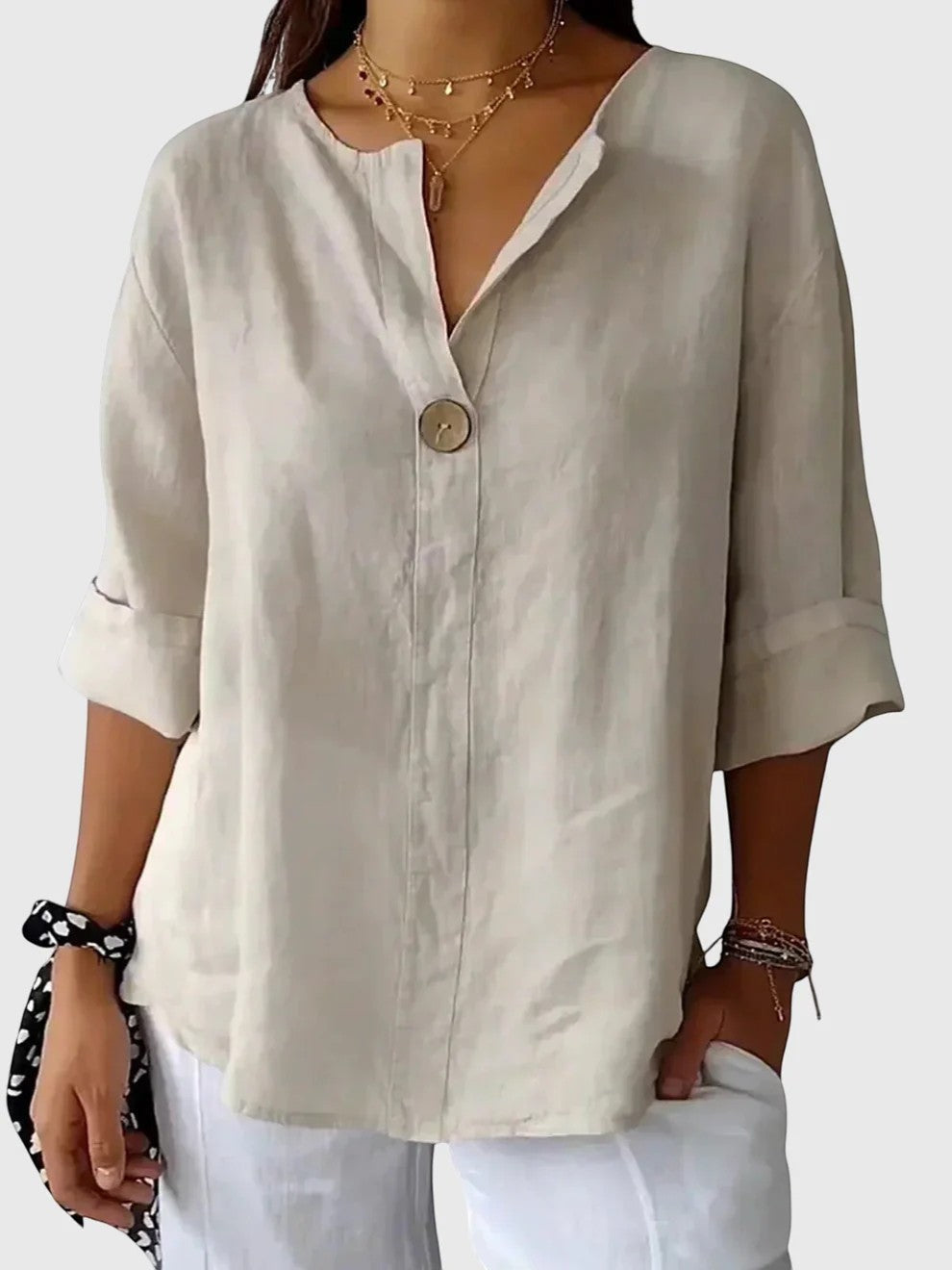 Women's Linen-Blend Button-Front Blouse – Relaxed V-Neck
