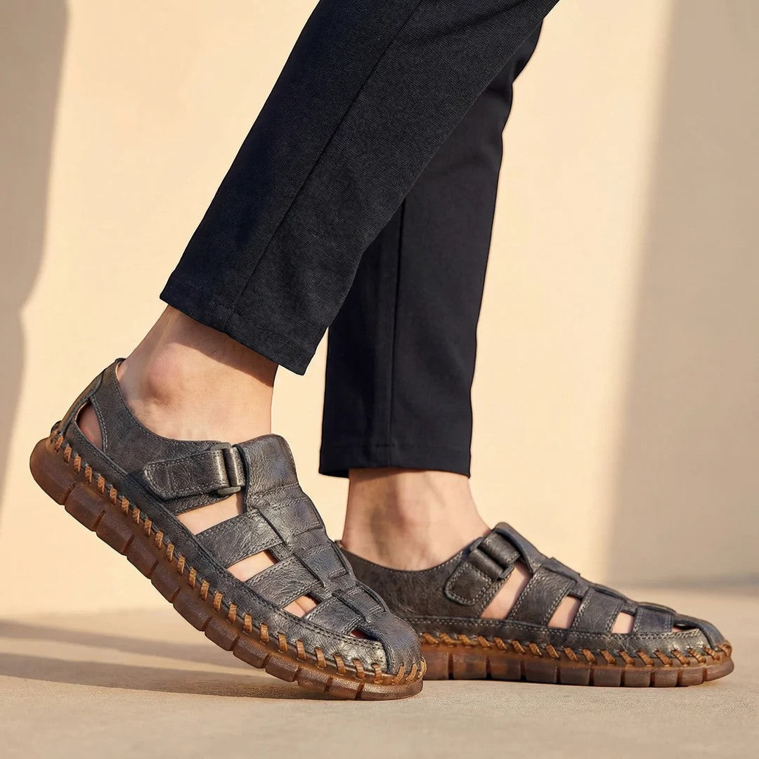 Men's Leather Closed-Toe Sandal – Cutout Hook-and-Loop Strap