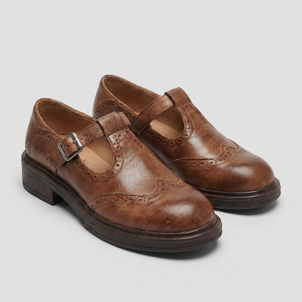 Women's Leather T-Strap Loafer – Mid Heel Round Toe