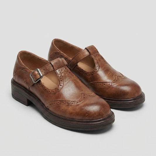 Women's Leather T-Strap Loafer – Mid Heel Round Toe
