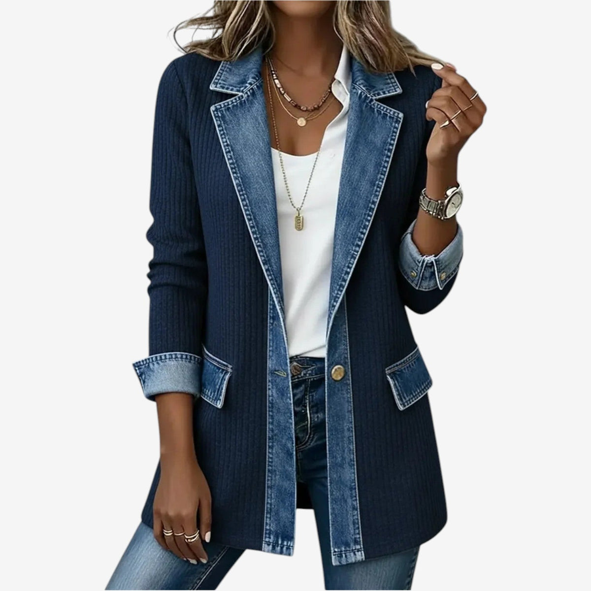 Women's Ribbed Knit Blazer – Denim Trim Longline