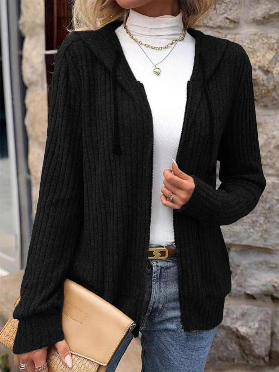 Women's Ribbed Knit Hooded Cardigan – Oversized Full-Zip
