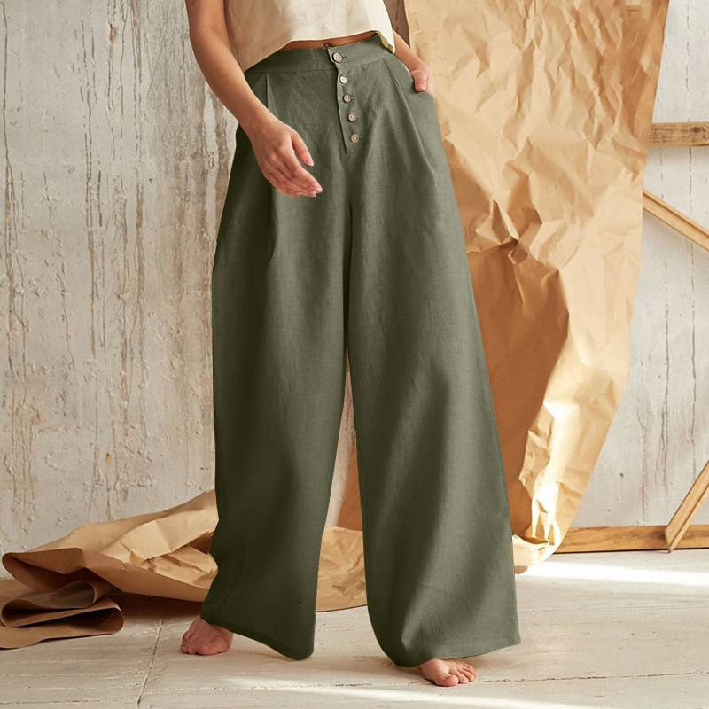 Women's Wide-Leg Cotton Pants – Ankle-Length Button Fly