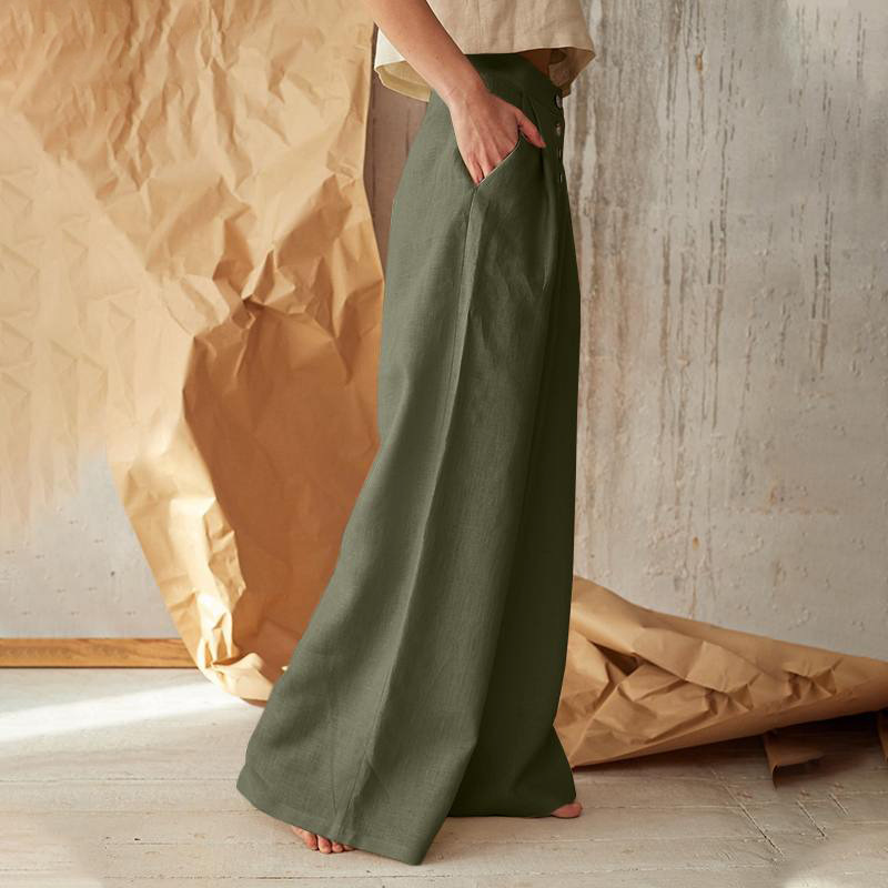 Women's Wide-Leg Cotton Pants – Ankle-Length Button Fly