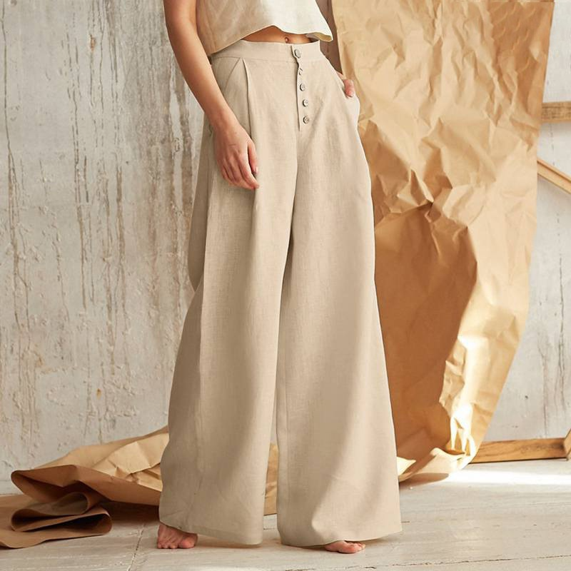Women's Wide-Leg Cotton Pants – Ankle-Length Button Fly