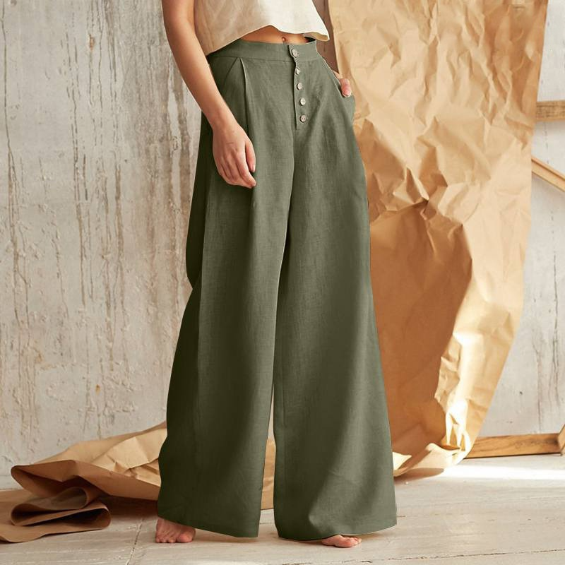Women's Wide-Leg Cotton Pants – Ankle-Length Button Fly