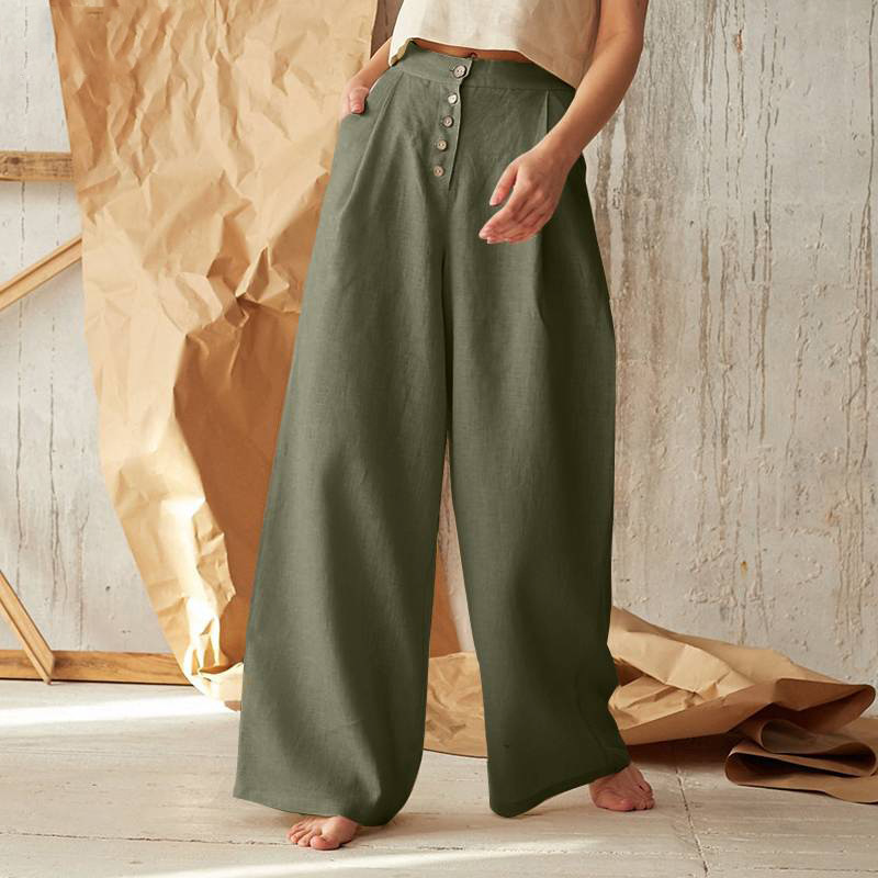 Women's Wide-Leg Cotton Pants – Ankle-Length Button Fly