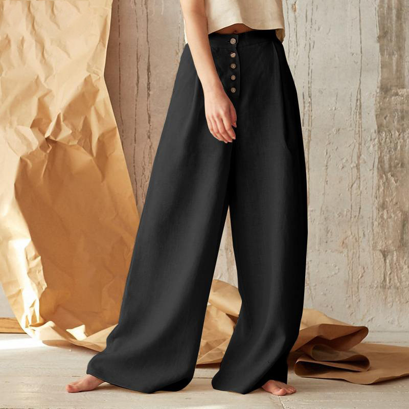 Women's Wide-Leg Cotton Pants – Ankle-Length Button Fly