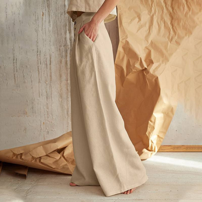 Women's Wide-Leg Cotton Pants – Ankle-Length Button Fly