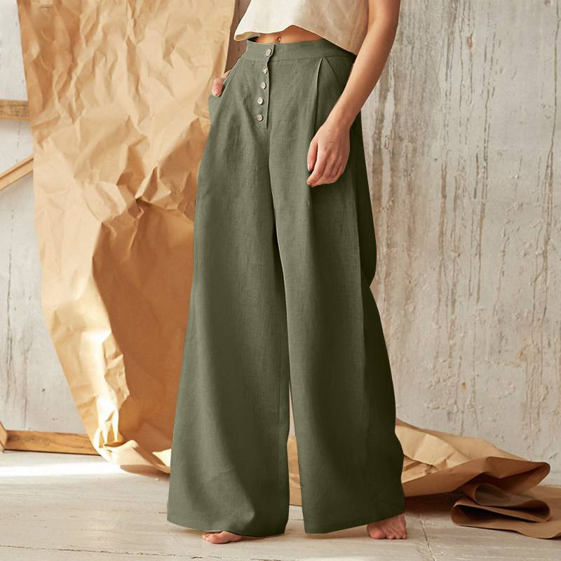 Women's Wide-Leg Cotton Pants – Ankle-Length Button Fly