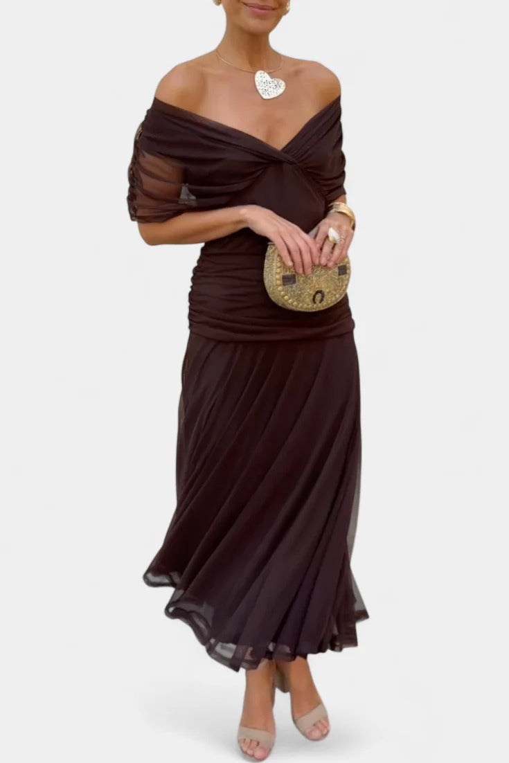 Women's Chiffon Maxi Dress – Printed V-Neck Short Sleeve