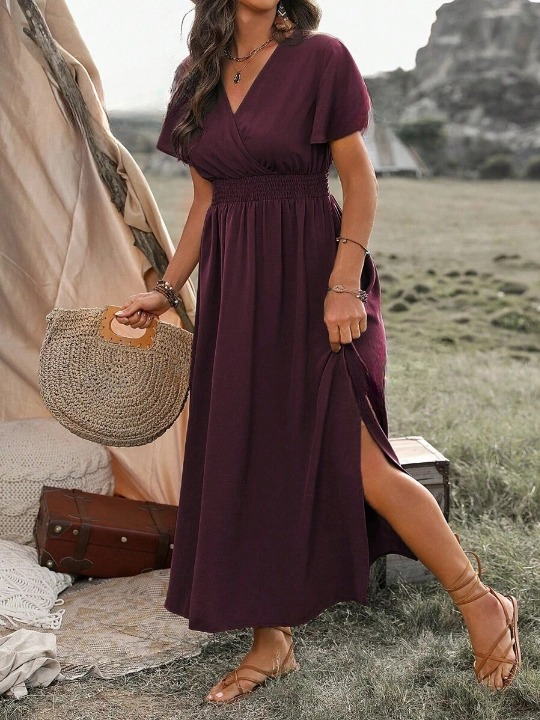 Women's Flared-Sleeve Maxi Dress – V-Neck with Front Slit