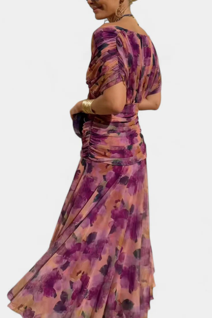 Women's Chiffon Maxi Dress – Printed V-Neck Short Sleeve