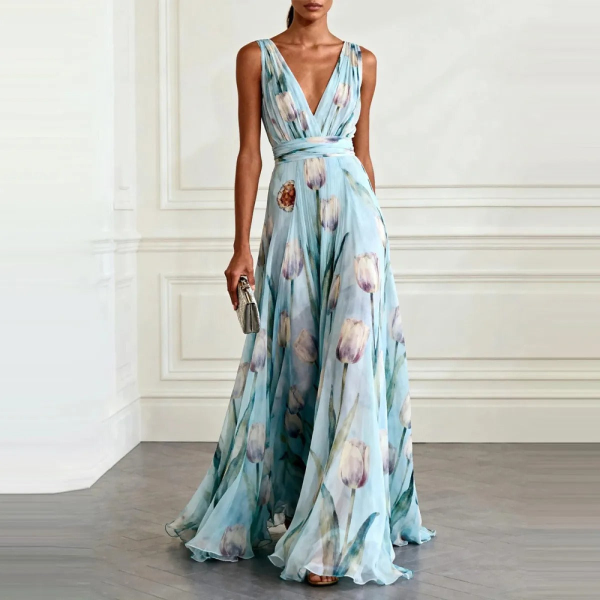 Women's Chiffon Maxi Dress – Sleeveless Tulip Print