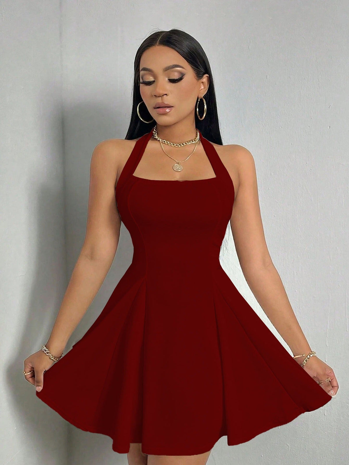 Women's Halter Mini Dress – Open Back Skater Skirt