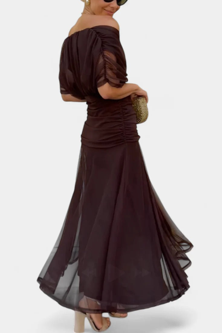 Women's Chiffon Maxi Dress – Printed V-Neck Short Sleeve