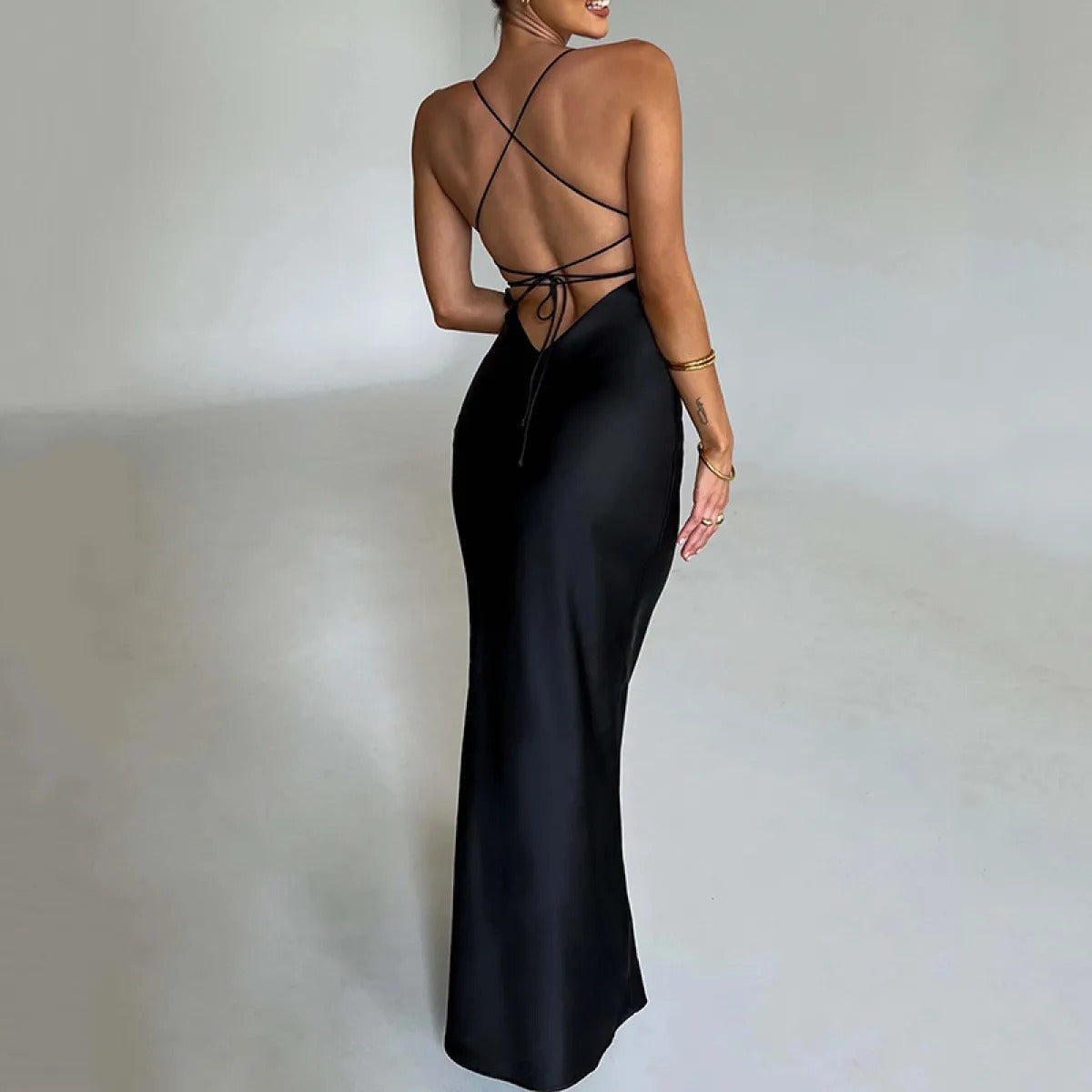 Women's Satin Maxi Dress – Open Lace-Up Back
