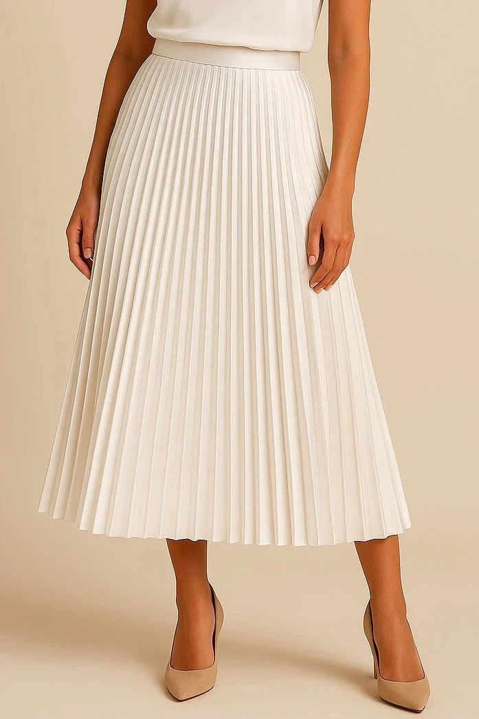 Women's Pleated Satin Midi Skirt – Elastic Waist Fit