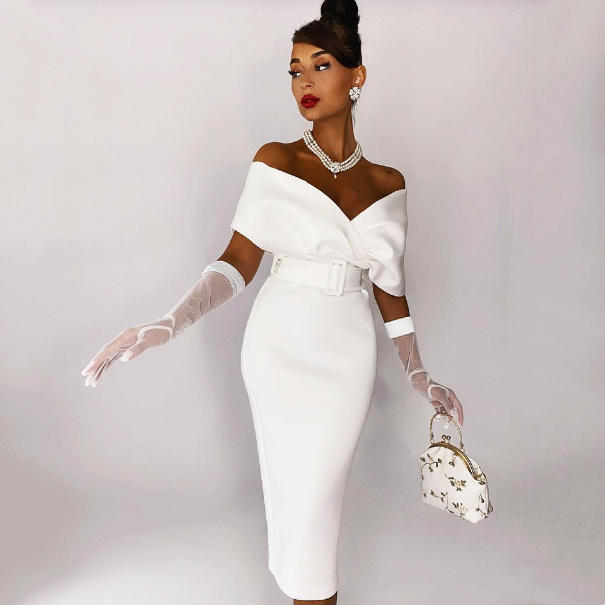Women's Off-Shoulder Midi Dress – Belted Bodycon Fit