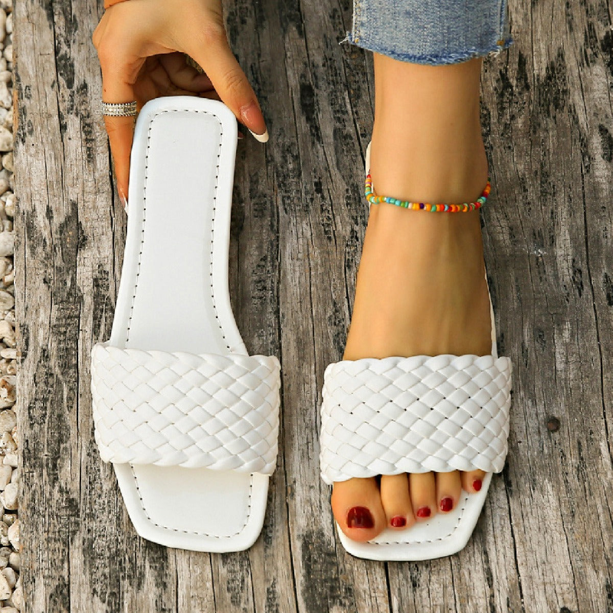Women's Square-Toe Flat Sandal – Wide Strap Slide